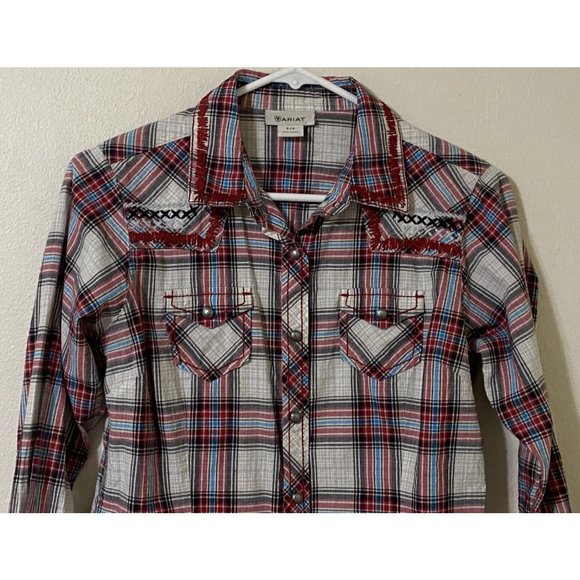 Ariat Women's Western Long Sleeve Metal Snap Button Small Plaid Shirt Red Gray - Picture 2 of 9